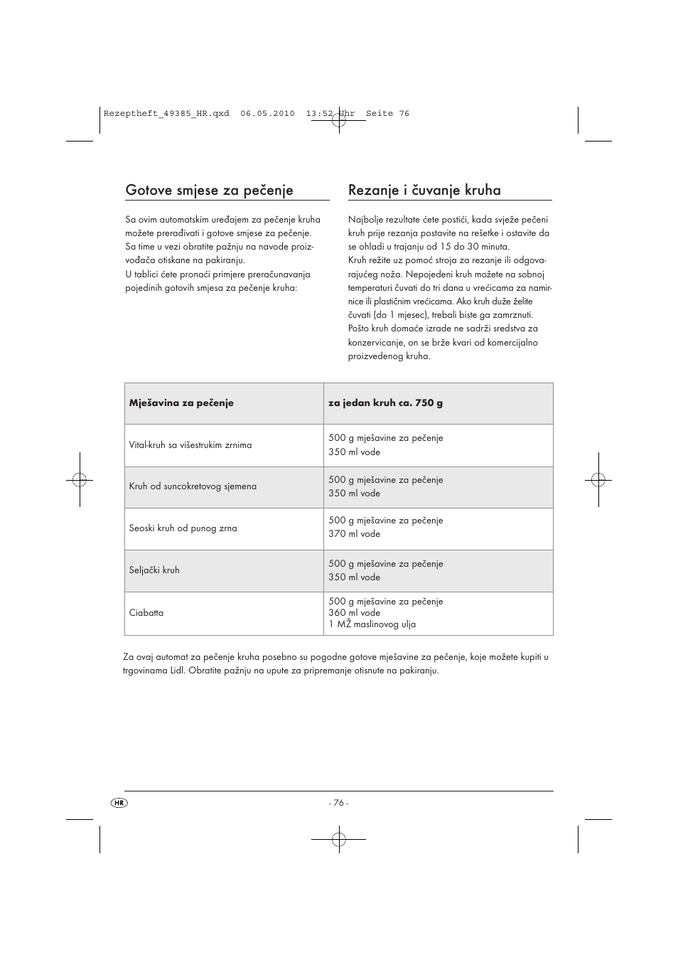 Gotove smjese za pečenje, Rezanje i čuvanje kruha | Silvercrest SBB850EDSA1-02/10-V3 User Manual | Page 223 / 243