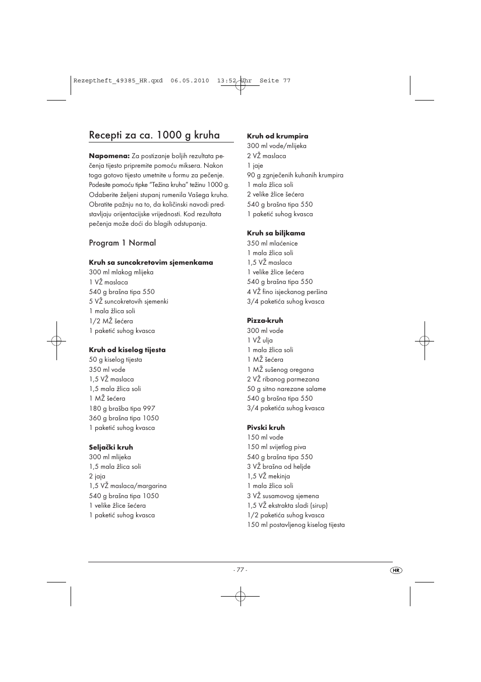 Recepti za ca. 1000 g kruha | Silvercrest SBB850EDSA1-02/10-V3 User Manual | Page 224 / 243