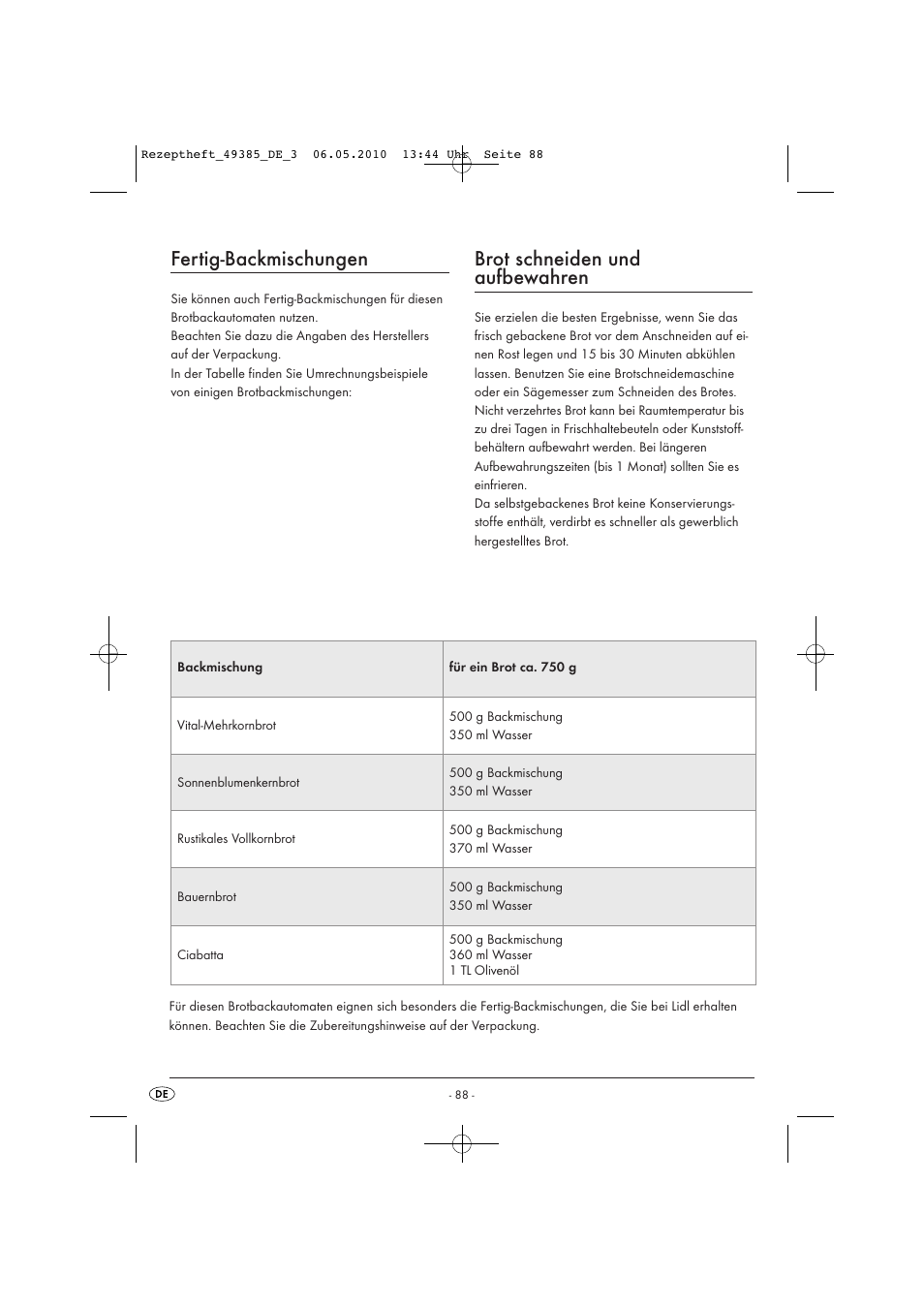 Fertig-backmischungen, Brot schneiden und aufbewahren | Silvercrest SBB850EDSA1-02/10-V3 User Manual | Page 235 / 243