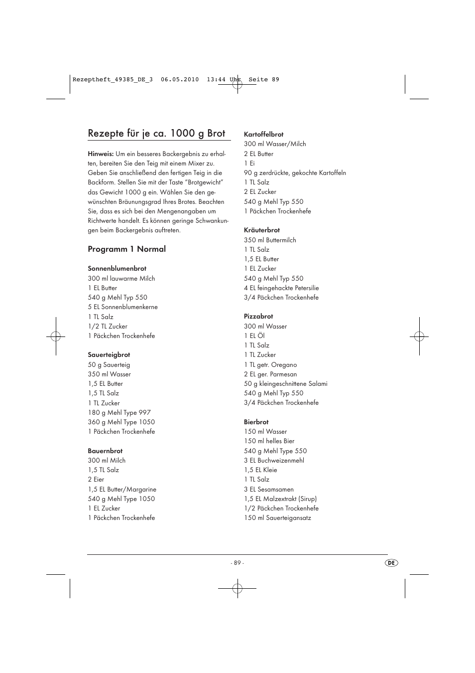 Rezepte für je ca. 1000 g brot | Silvercrest SBB850EDSA1-02/10-V3 User Manual | Page 236 / 243