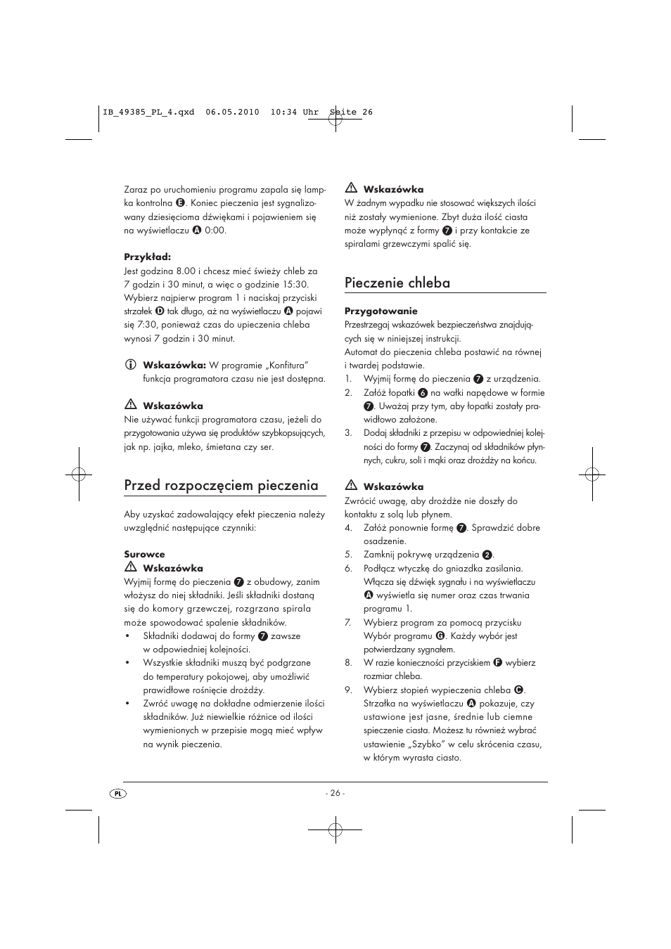 Przed rozpoczęciem pieczenia, Pieczenie chleba | Silvercrest SBB850EDSA1-02/10-V3 User Manual | Page 28 / 243