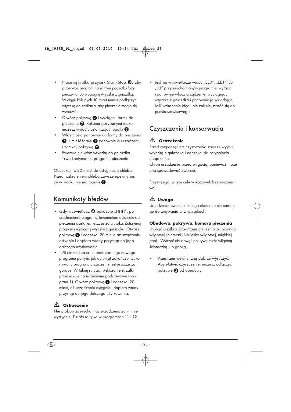 Komunikaty błędów, Czyszczenie i konserwacja | Silvercrest SBB850EDSA1-02/10-V3 User Manual | Page 30 / 243
