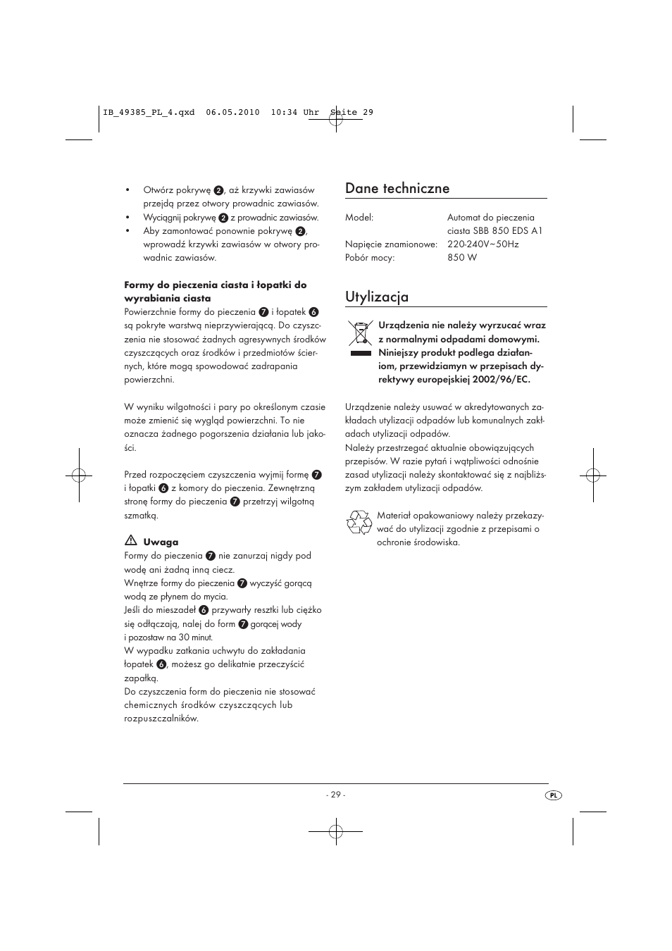 Dane techniczne, Utylizacja | Silvercrest SBB850EDSA1-02/10-V3 User Manual | Page 31 / 243