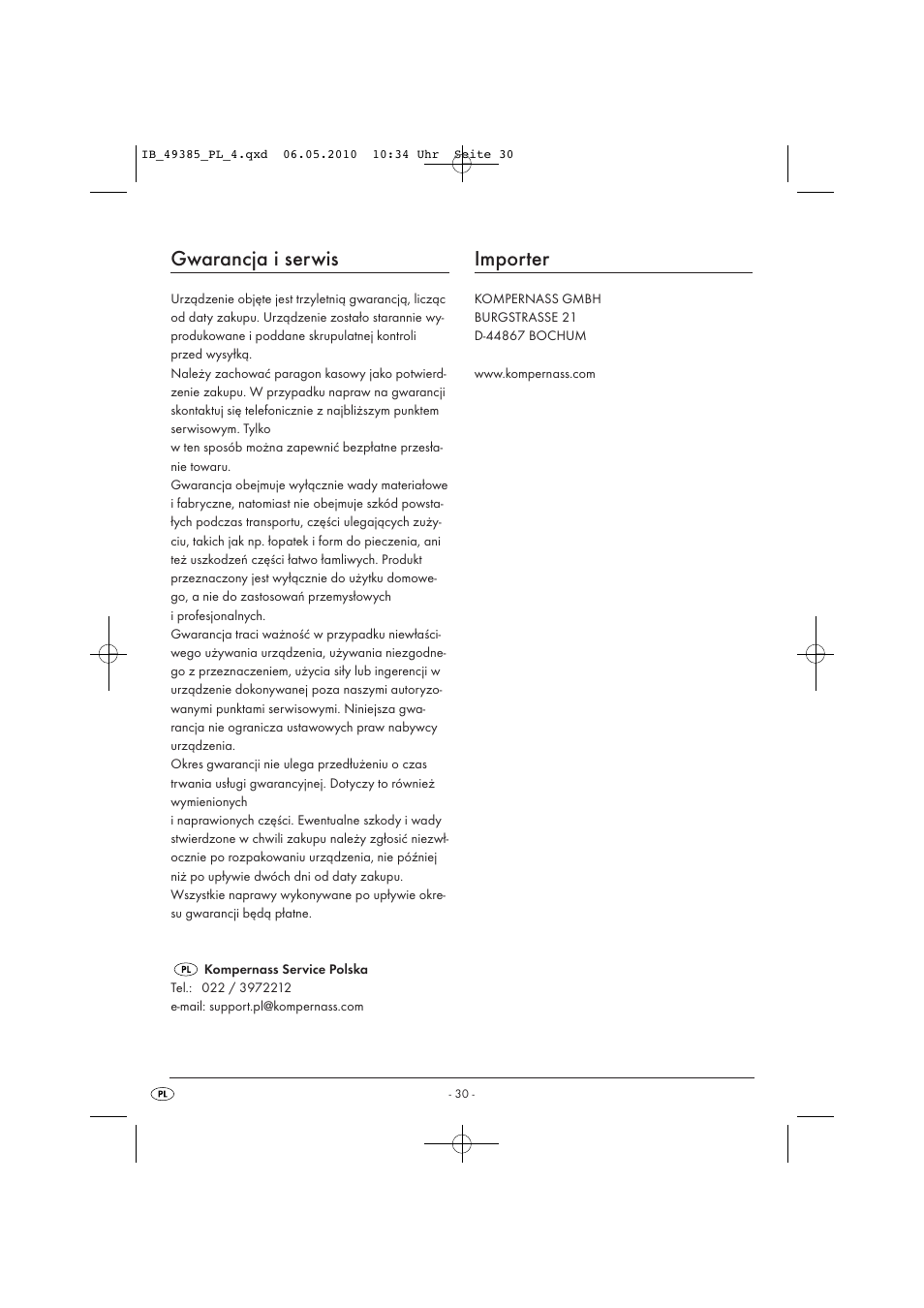Gwarancja i serwis, Importer | Silvercrest SBB850EDSA1-02/10-V3 User Manual | Page 32 / 243