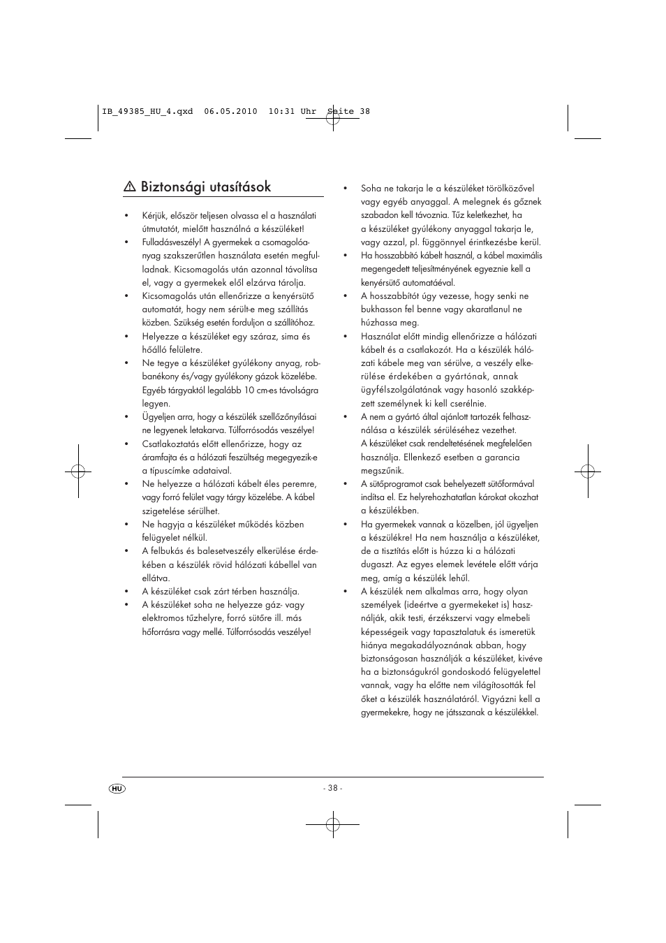 Biztonsági utasítások | Silvercrest SBB850EDSA1-02/10-V3 User Manual | Page 40 / 243