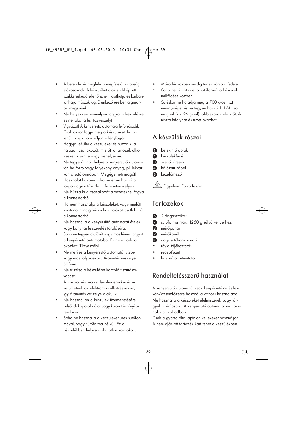 A készülék részei, Tartozékok, Rendeltetésszerű használat | Silvercrest SBB850EDSA1-02/10-V3 User Manual | Page 41 / 243