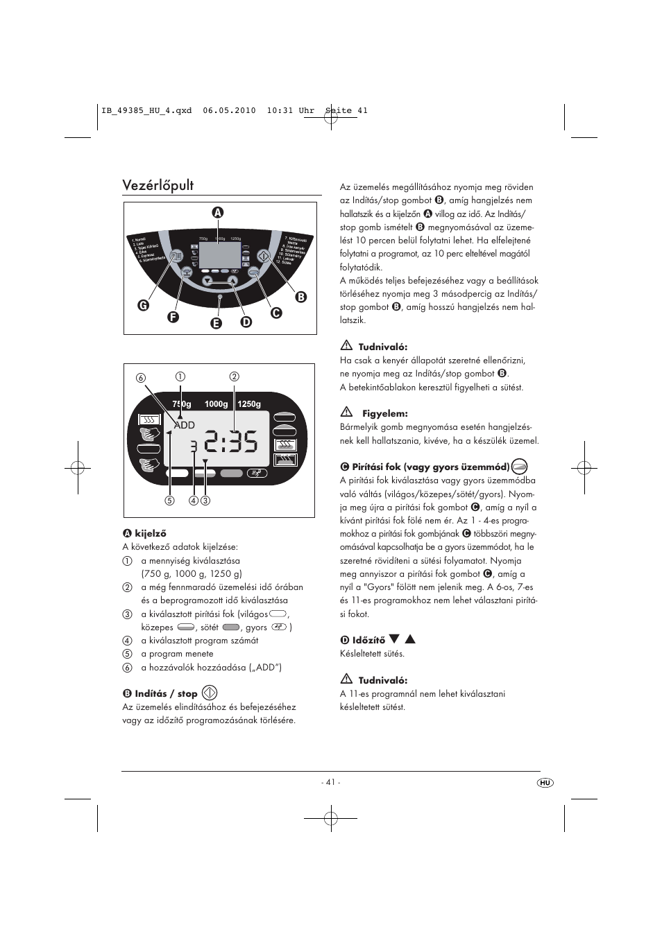 Vezérlőpult | Silvercrest SBB850EDSA1-02/10-V3 User Manual | Page 43 / 243