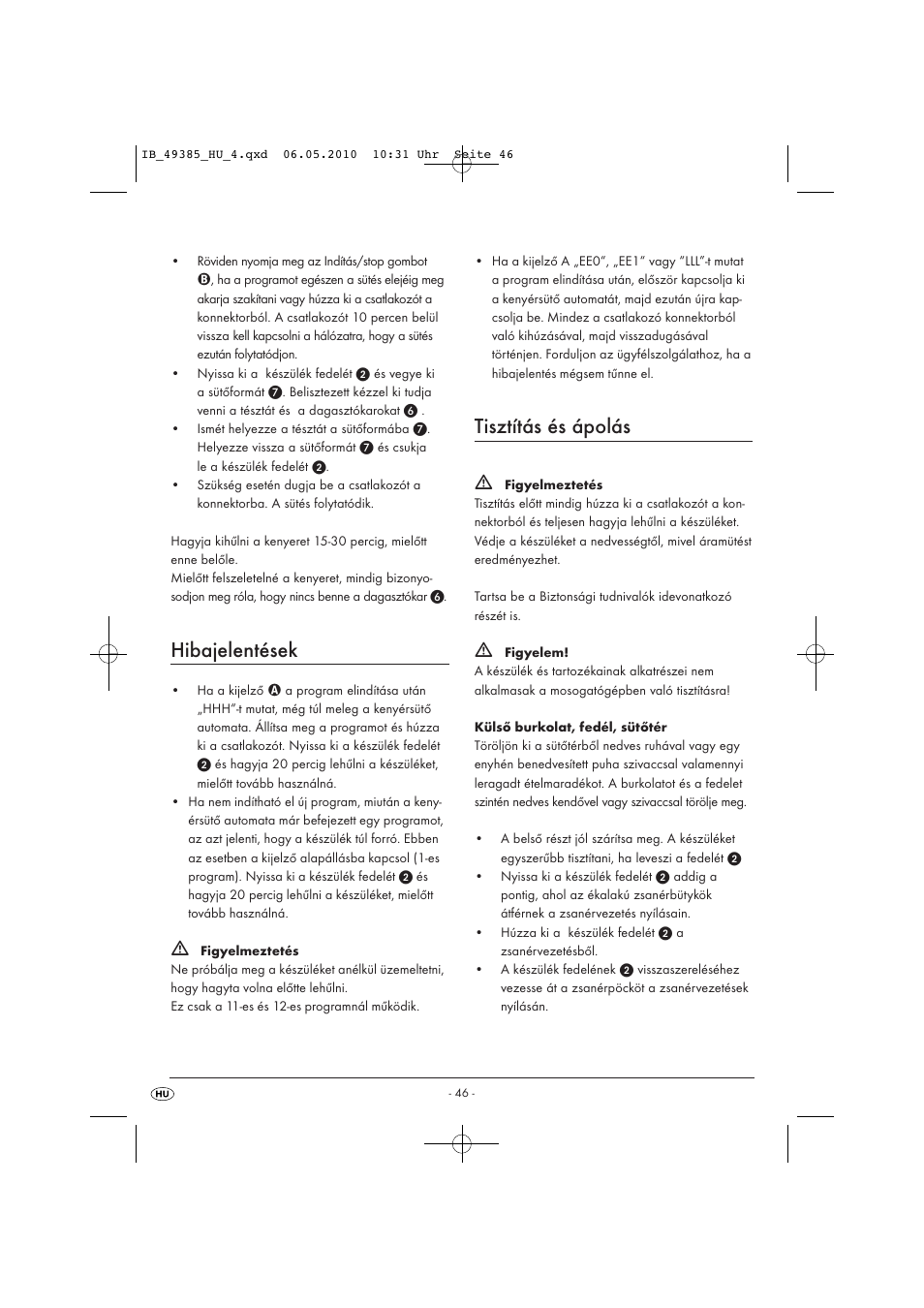 Hibajelentések, Tisztítás és ápolás | Silvercrest SBB850EDSA1-02/10-V3 User Manual | Page 48 / 243