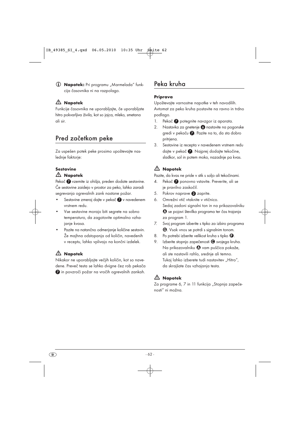 Pred začetkom peke, Peka kruha | Silvercrest SBB850EDSA1-02/10-V3 User Manual | Page 64 / 243