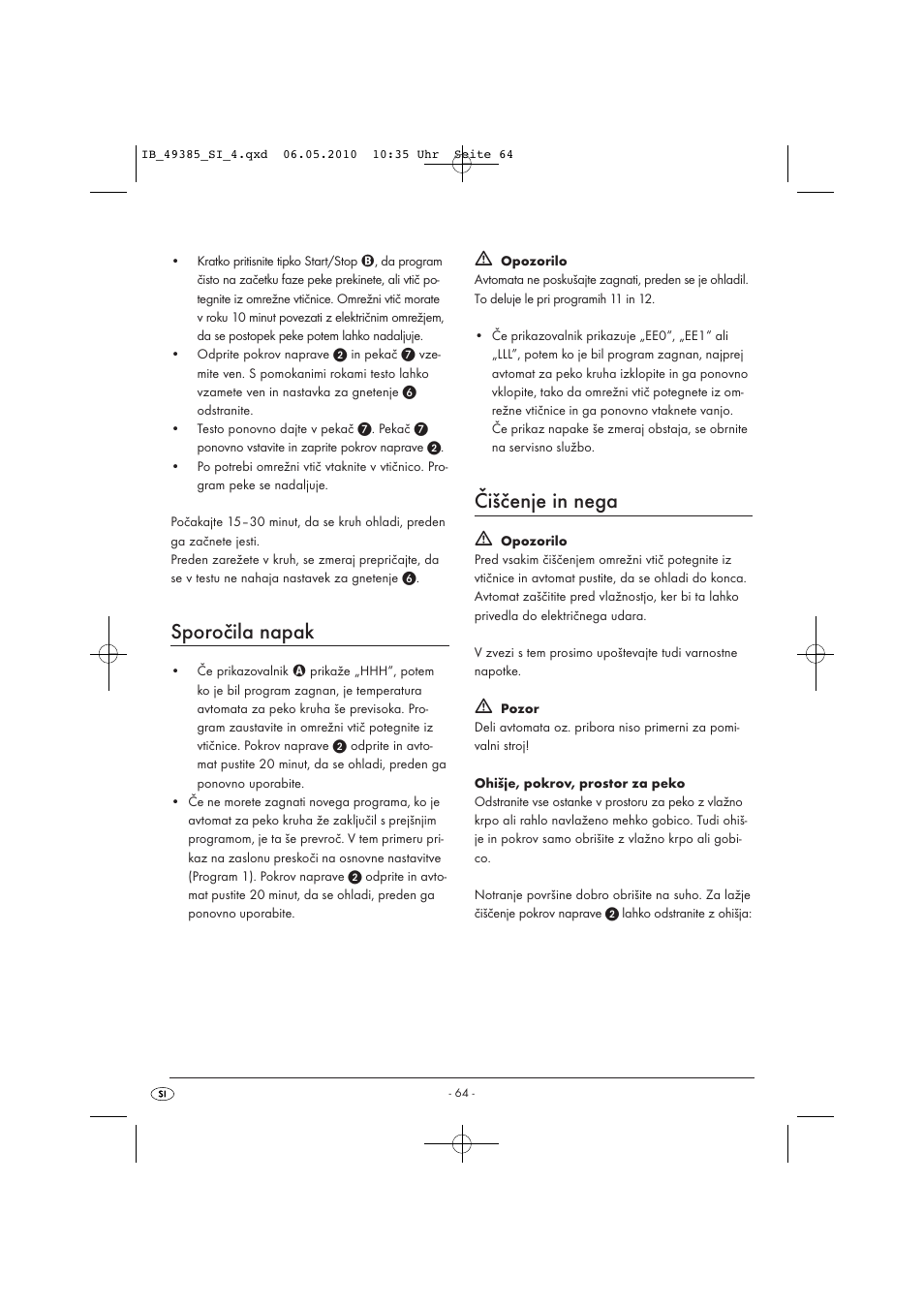 Sporočila napak, Čiščenje in nega | Silvercrest SBB850EDSA1-02/10-V3 User Manual | Page 66 / 243