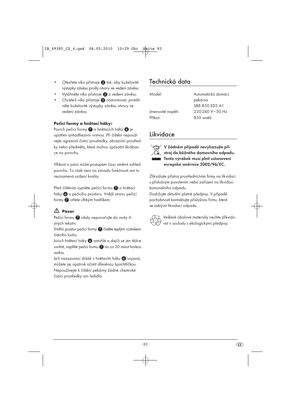 Technická data, Likvidace | Silvercrest SBB850EDSA1-02/10-V3 User Manual | Page 85 / 243