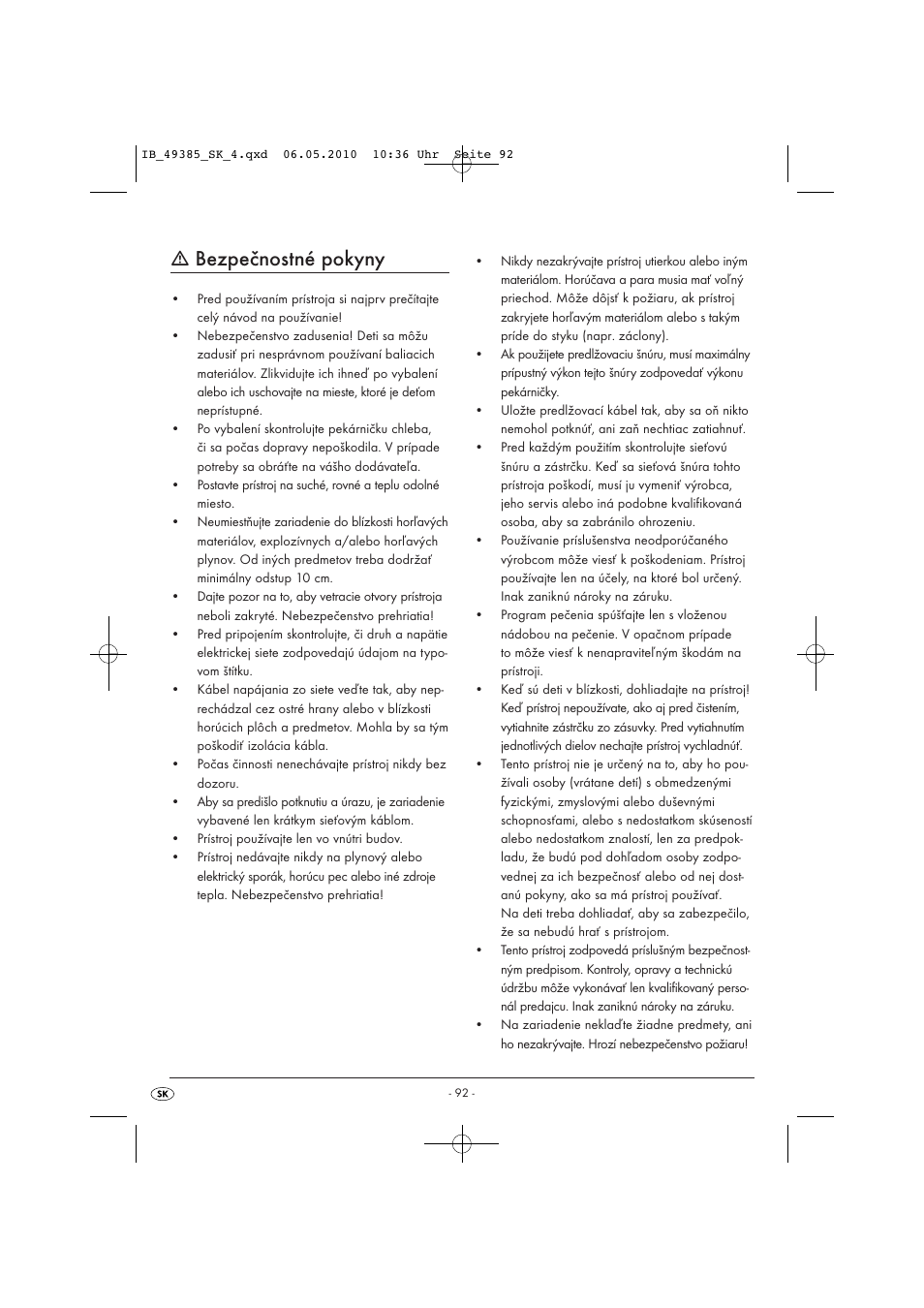 Bezpečnostné pokyny | Silvercrest SBB850EDSA1-02/10-V3 User Manual | Page 94 / 243