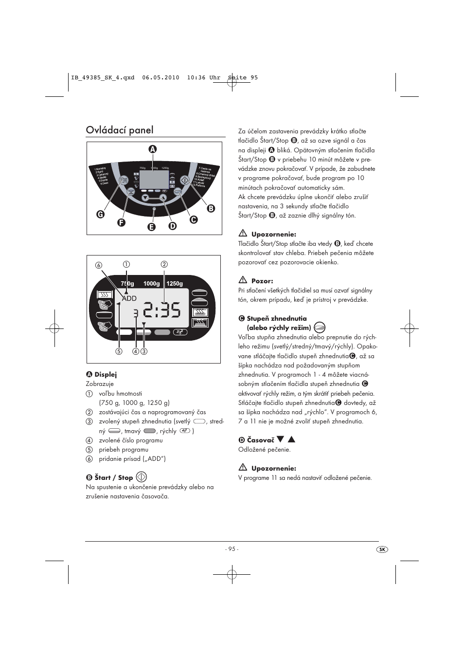 Ovládací panel | Silvercrest SBB850EDSA1-02/10-V3 User Manual | Page 97 / 243