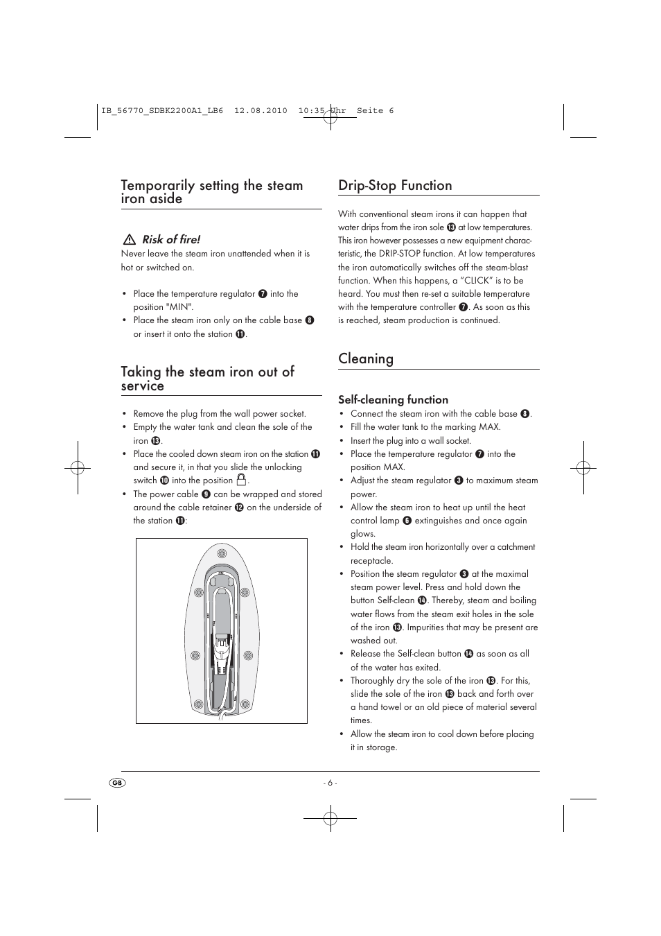 Temporarily setting the steam iron aside, Taking the steam iron out of service, Drip-stop function | Cleaning | Silvercrest SDBK 2200 A16 User Manual | Page 8 / 10