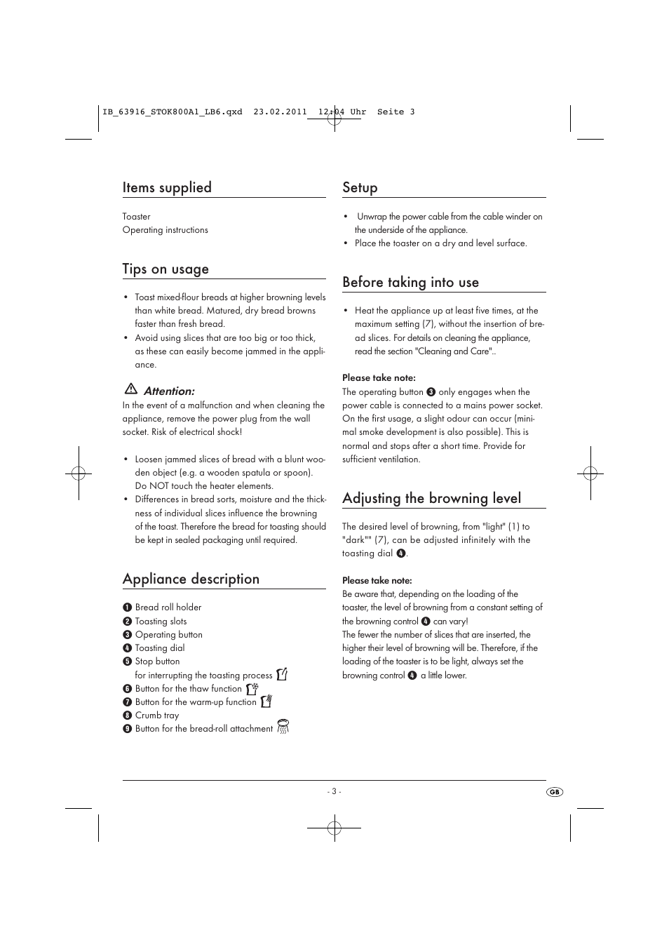 Items supplied, Tips on usage, Appliance description | Setup, Before taking into use, Adjusting the browning level | Silvercrest STOK 800 A1 User Manual | Page 5 / 8