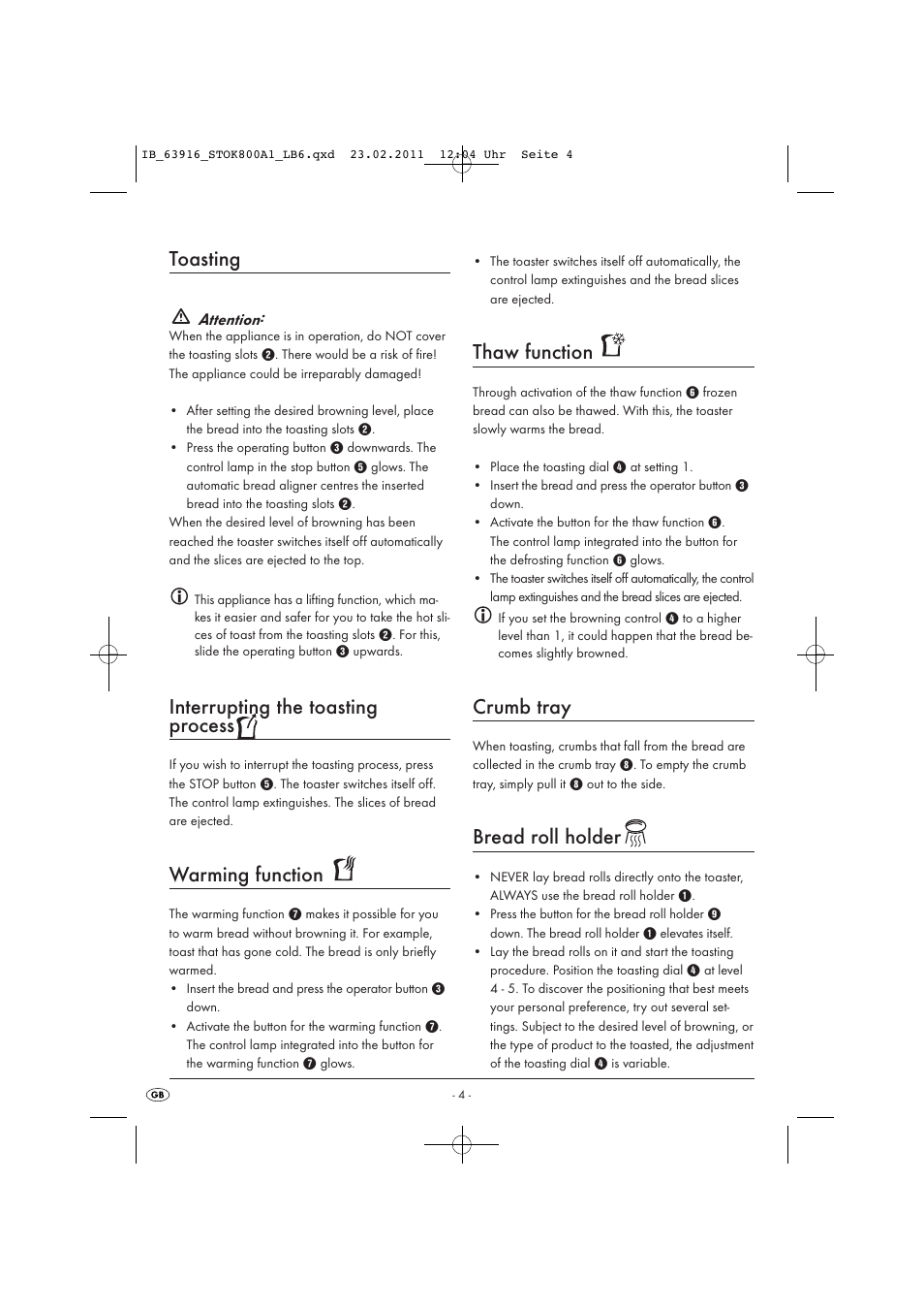 Toasting, Interrupting the toasting process, Warming function | Thaw function, Crumb tray, Bread roll holder | Silvercrest STOK 800 A1 User Manual | Page 6 / 8