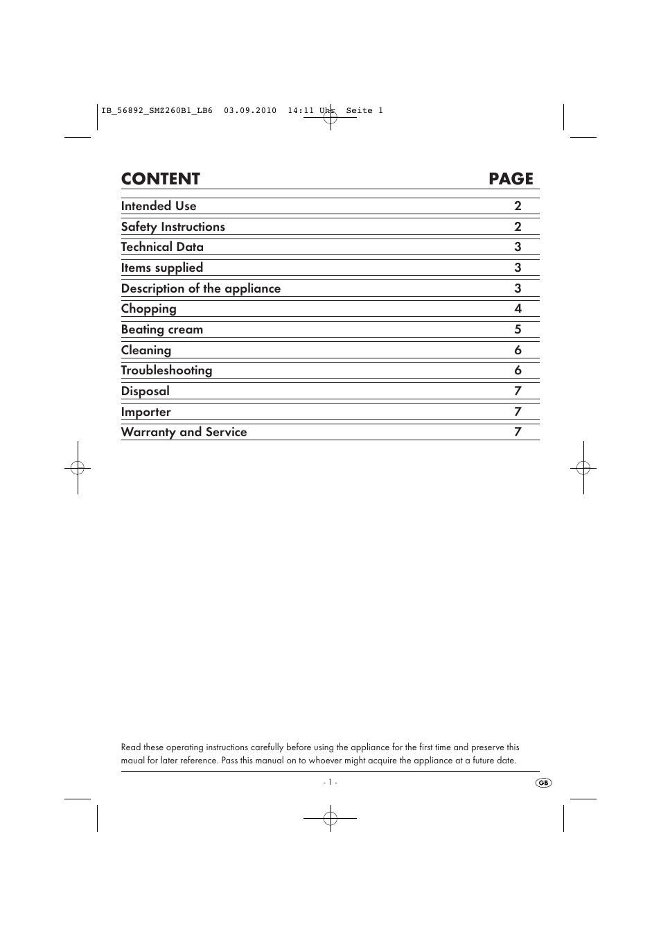 Content page | Silvercrest SMZ 260 B1 User Manual | Page 3 / 9