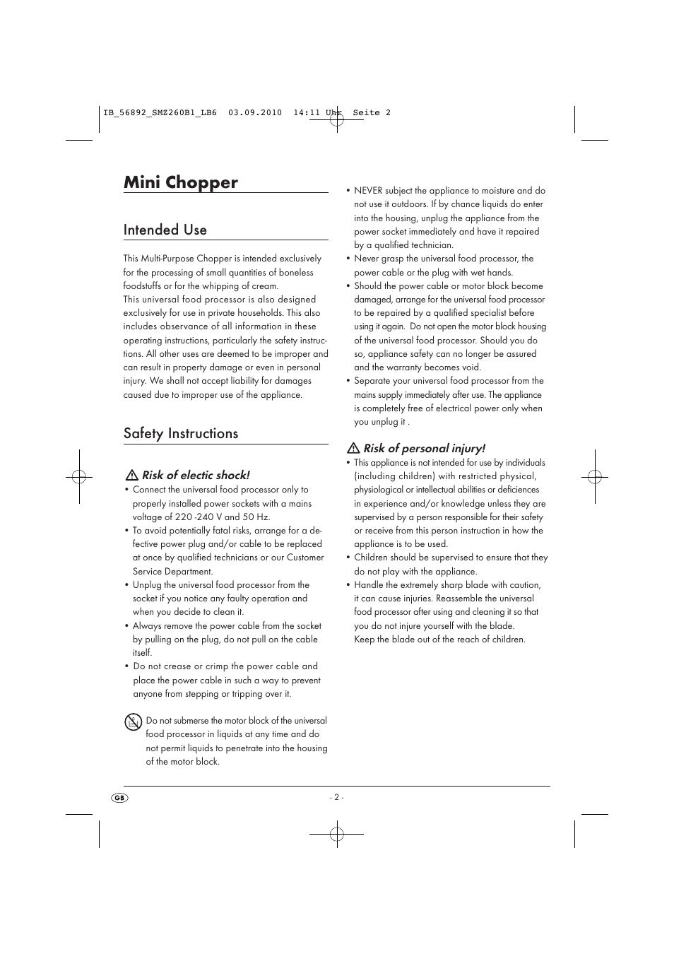 Mini chopper, Intended use, Safety instructions | Silvercrest SMZ 260 B1 User Manual | Page 4 / 9