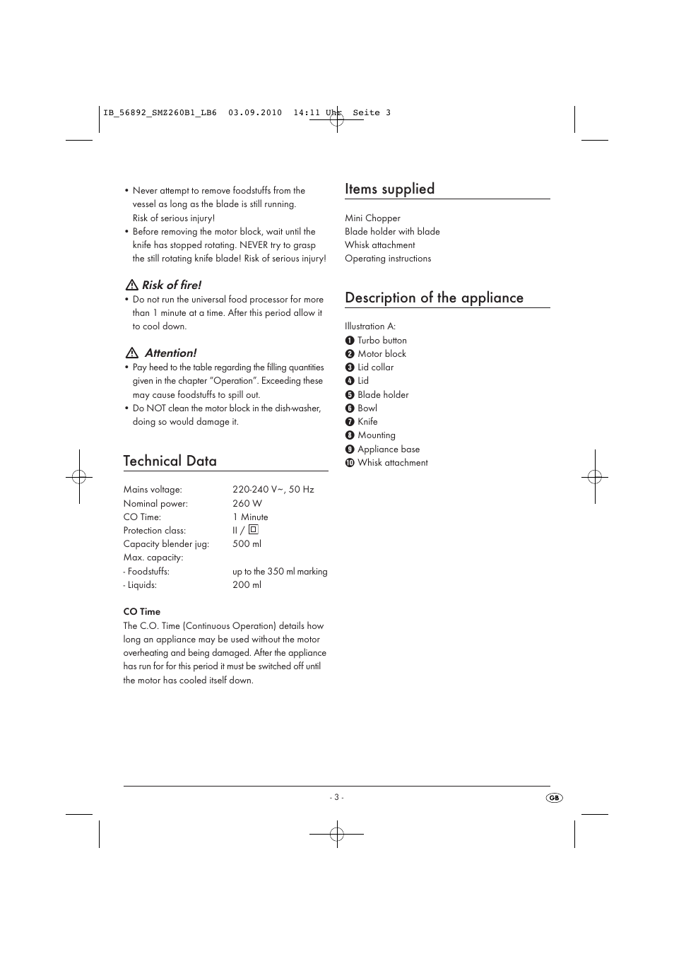 Technical data, Items supplied, Description of the appliance | Risk of fire, Attention | Silvercrest SMZ 260 B1 User Manual | Page 5 / 9