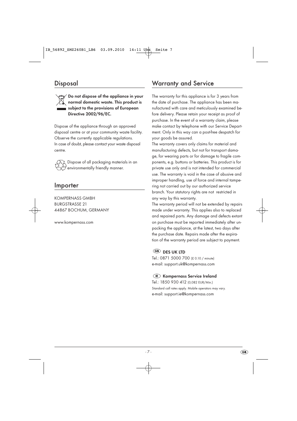 Disposal, Importer, Warranty and service | Silvercrest SMZ 260 B1 User Manual | Page 9 / 9