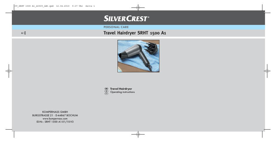 Silvercrest TRAVEL HAIRDRYER SRHT 1500 A1 User Manual | 14 pages