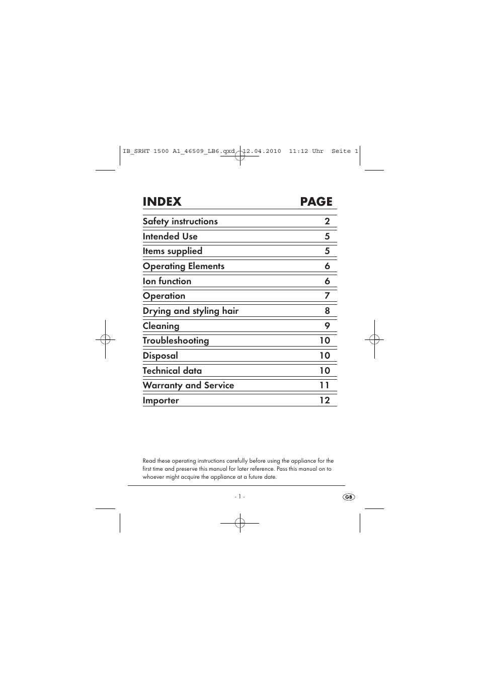 Index page | Silvercrest TRAVEL HAIRDRYER SRHT 1500 A1 User Manual | Page 3 / 14