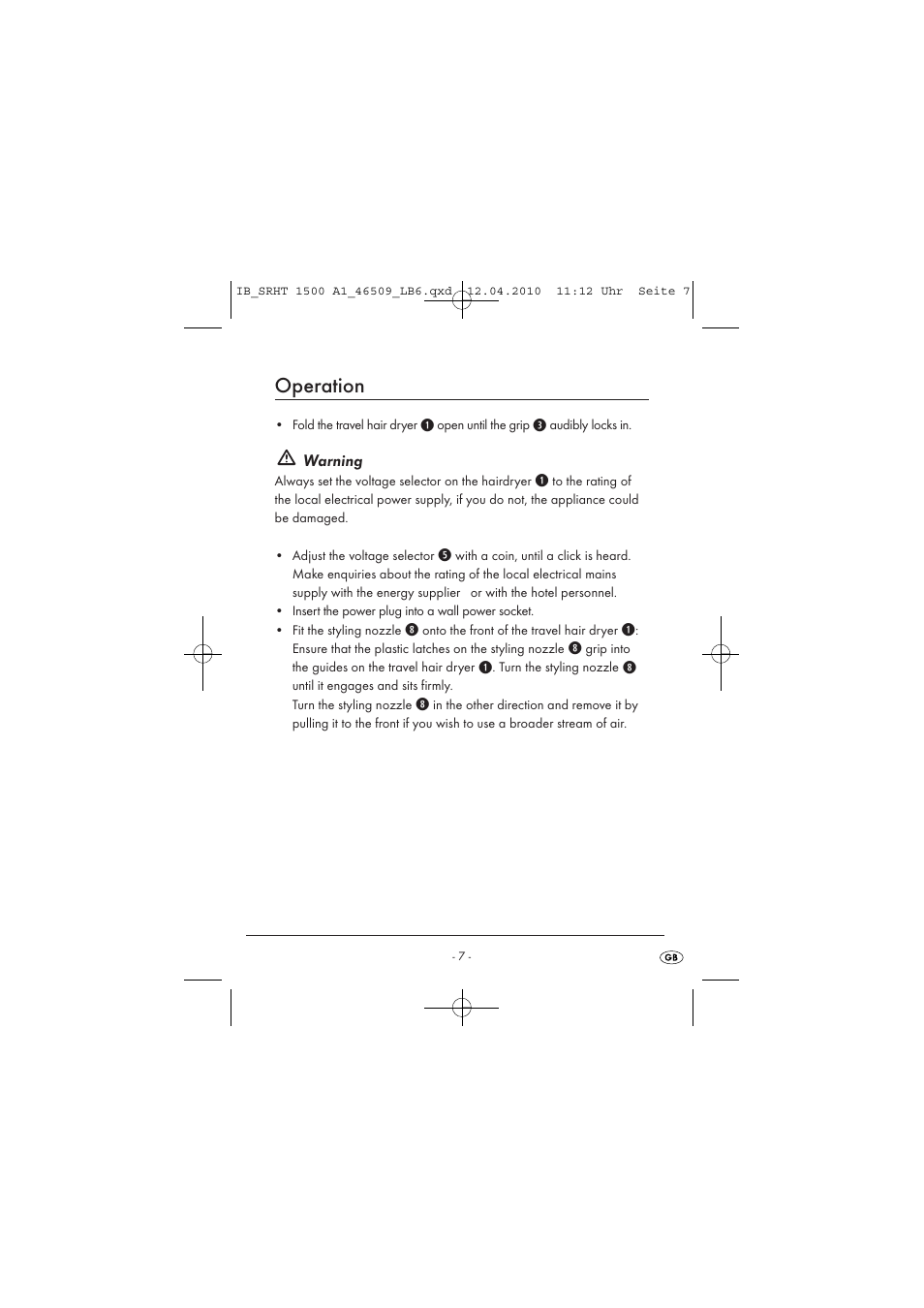 Operation | Silvercrest TRAVEL HAIRDRYER SRHT 1500 A1 User Manual | Page 9 / 14