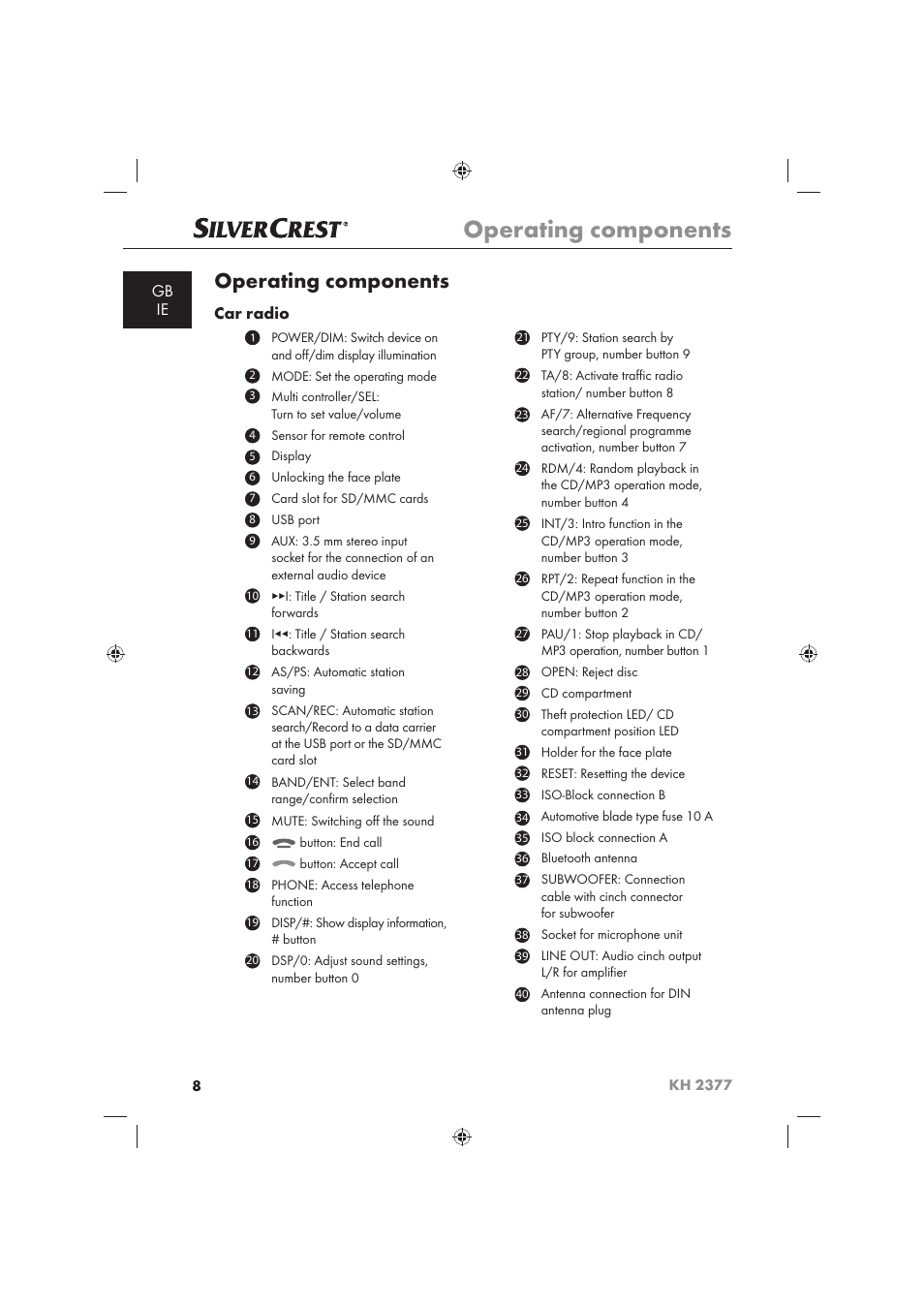Operating components, Gb ie car radio | Silvercrest KH 2377 User Manual | Page 10 / 42