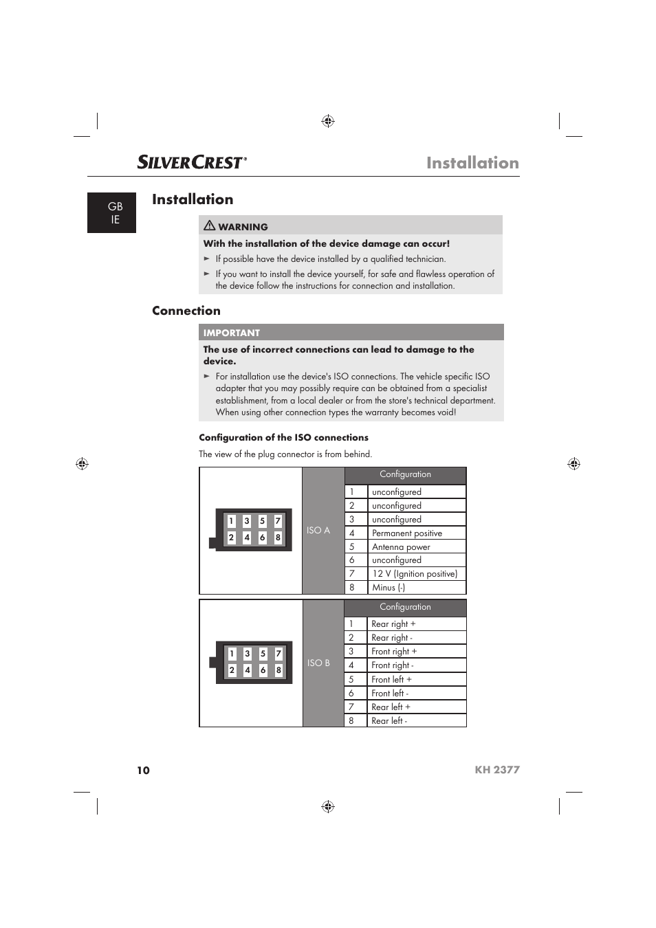 Installation, Connection | Silvercrest KH 2377 User Manual | Page 12 / 42