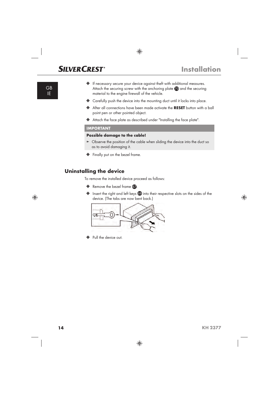 Installation, Uninstalling the device | Silvercrest KH 2377 User Manual | Page 16 / 42