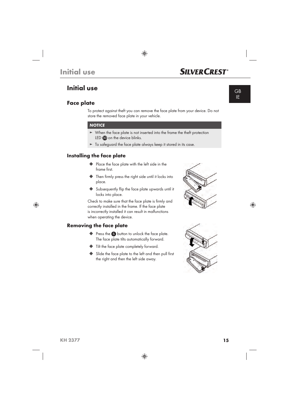 Initial use, Face plate | Silvercrest KH 2377 User Manual | Page 17 / 42