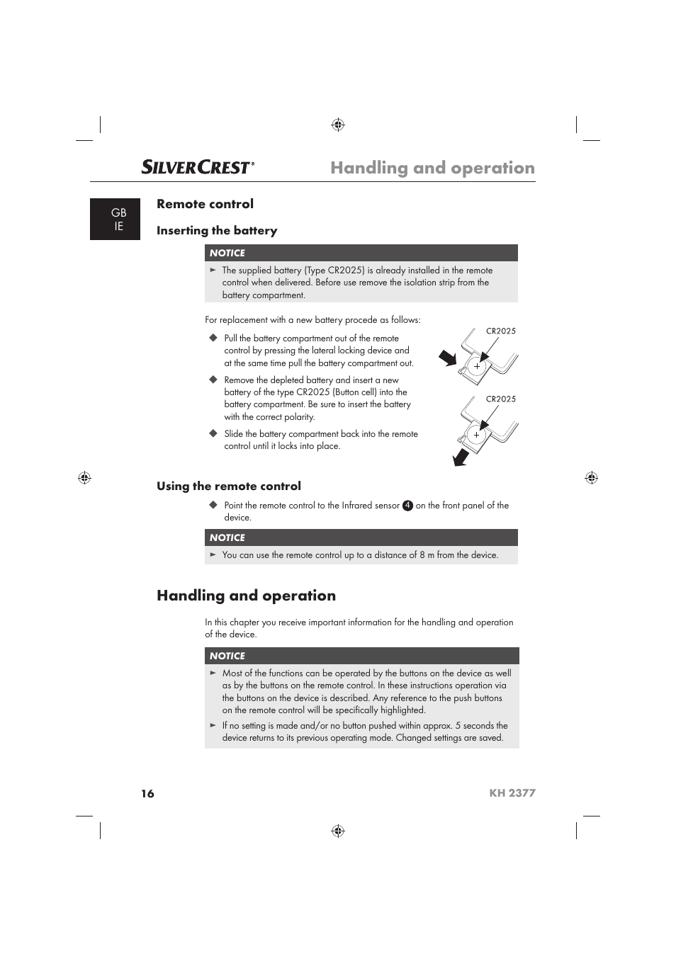Handling and operation, Remote control | Silvercrest KH 2377 User Manual | Page 18 / 42