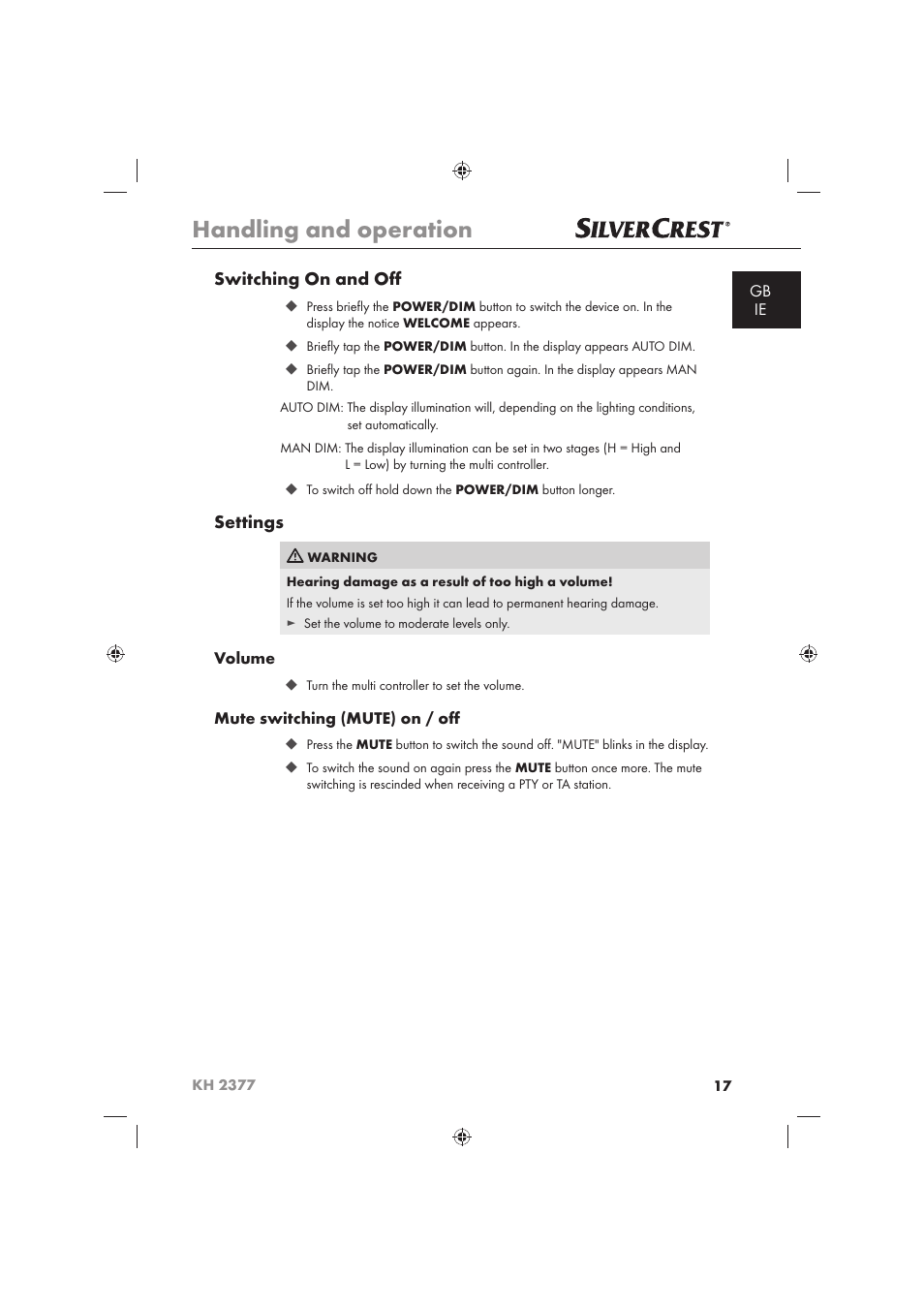Handling and operation, Switching on and oﬀ, Settings | Silvercrest KH 2377 User Manual | Page 19 / 42