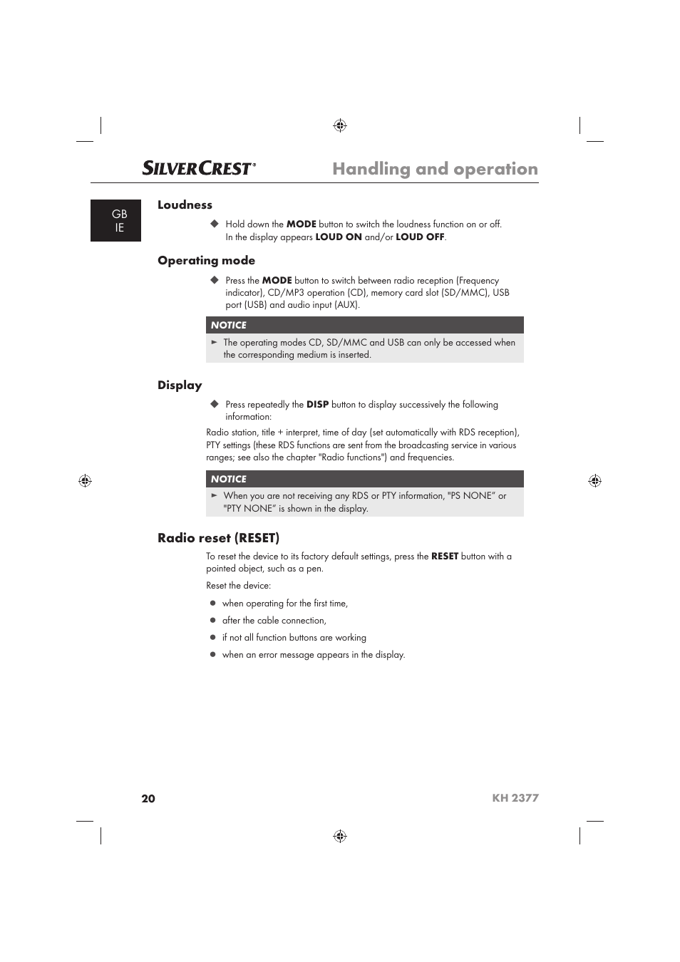 Handling and operation, Radio reset (reset) | Silvercrest KH 2377 User Manual | Page 22 / 42