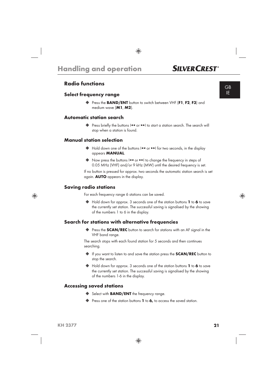 Handling and operation, Radio functions | Silvercrest KH 2377 User Manual | Page 23 / 42