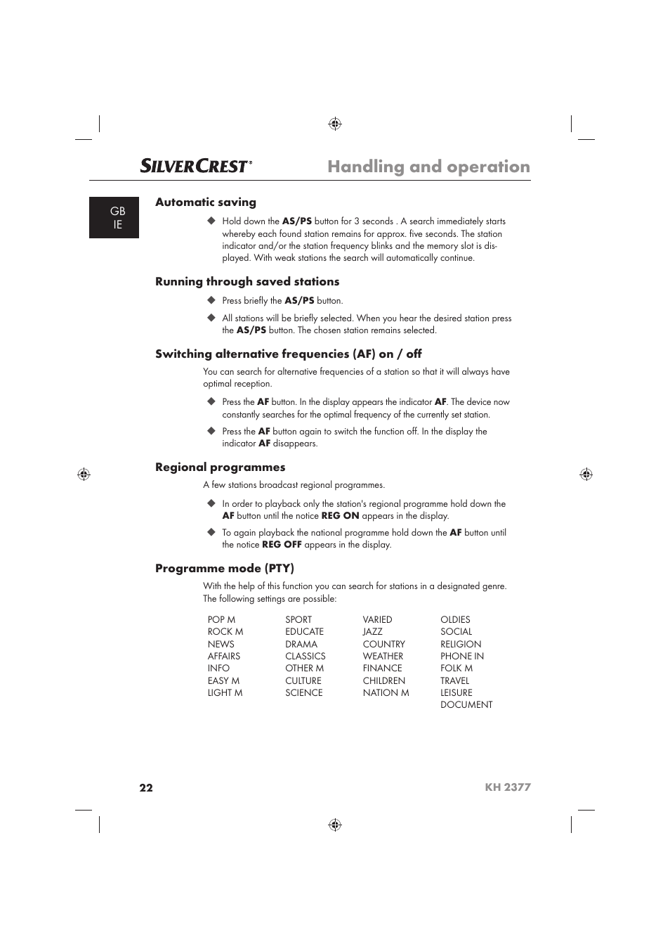 Handling and operation | Silvercrest KH 2377 User Manual | Page 24 / 42