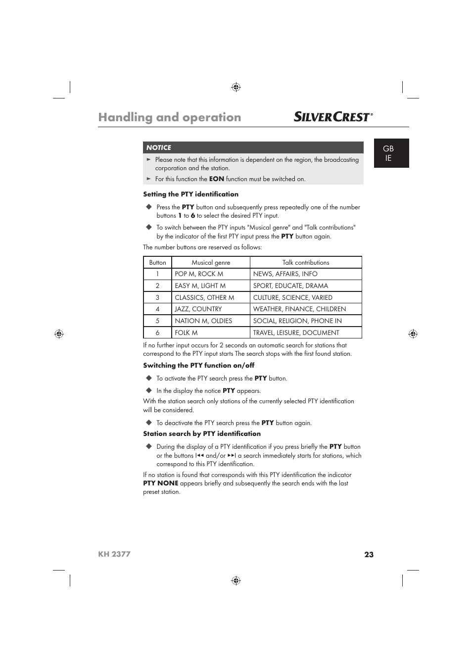 Handling and operation | Silvercrest KH 2377 User Manual | Page 25 / 42