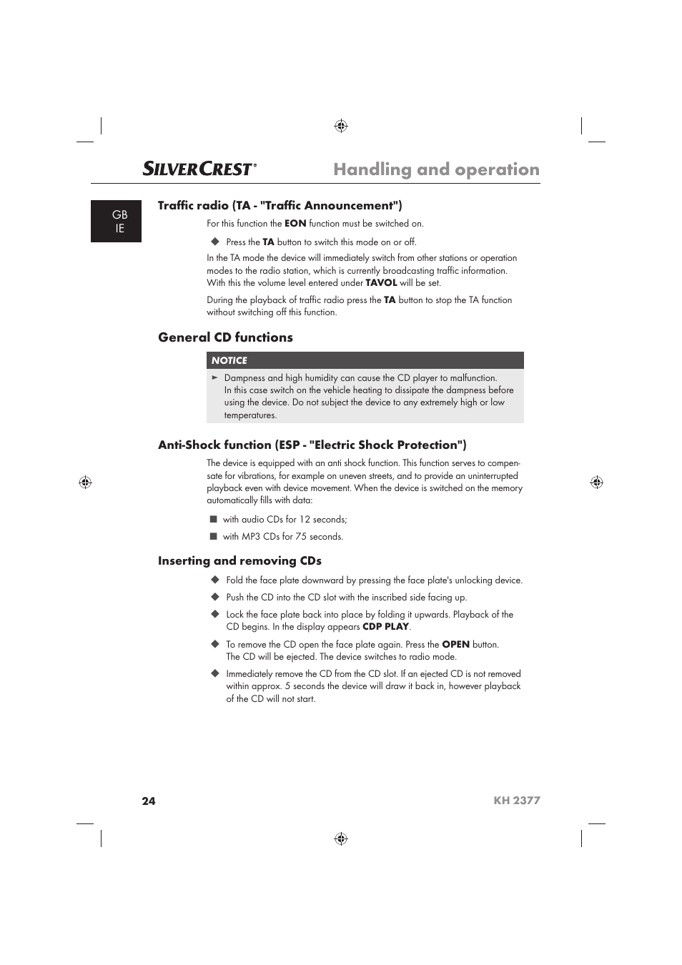 Handling and operation, General cd functions | Silvercrest KH 2377 User Manual | Page 26 / 42