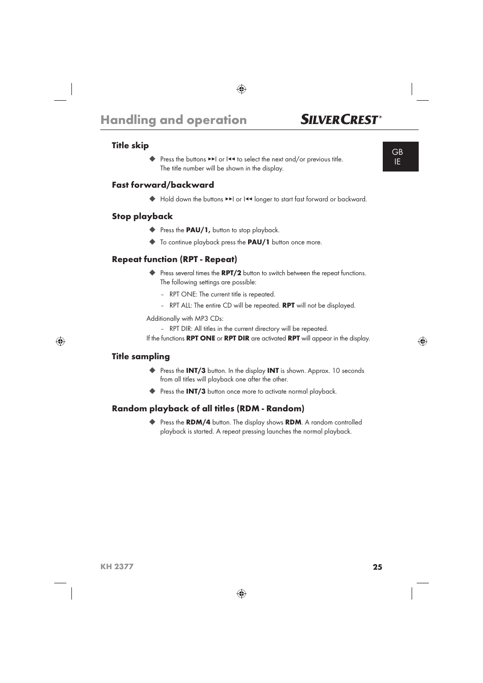 Handling and operation | Silvercrest KH 2377 User Manual | Page 27 / 42