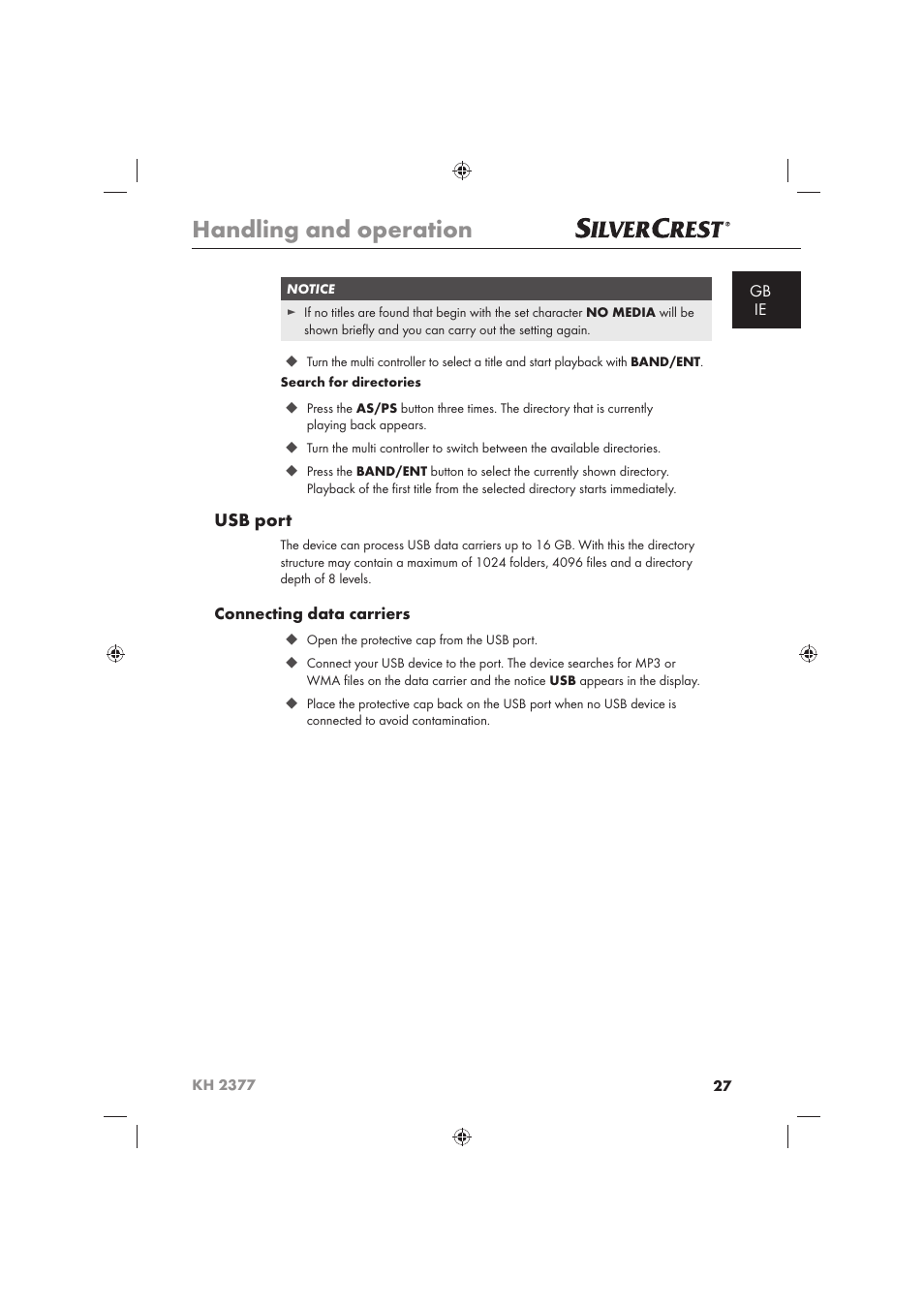 Handling and operation, Usb port | Silvercrest KH 2377 User Manual | Page 29 / 42