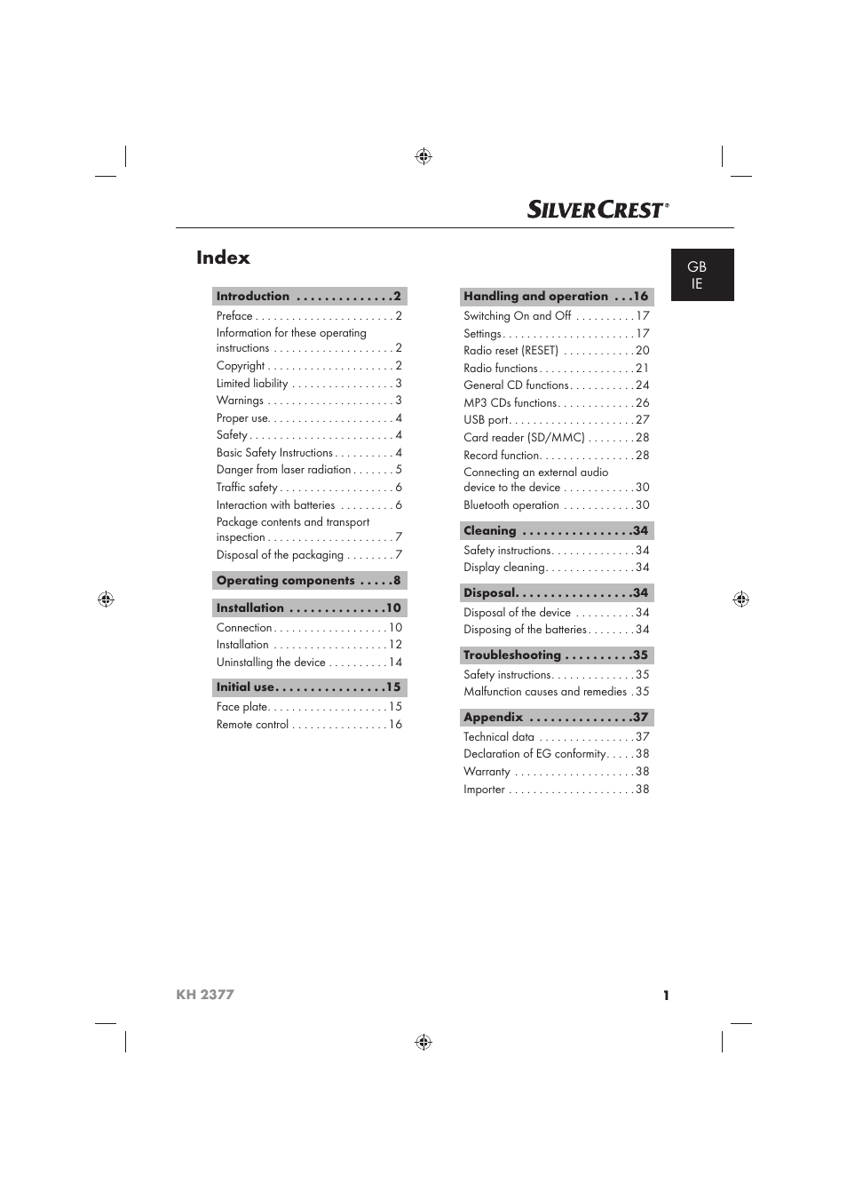 Index | Silvercrest KH 2377 User Manual | Page 3 / 42