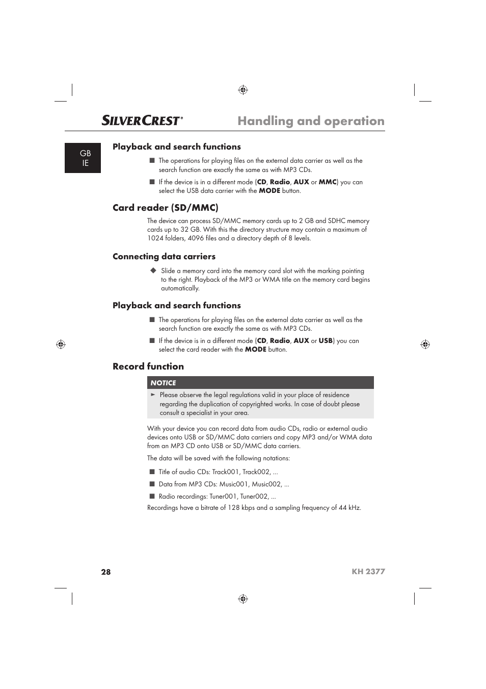 Handling and operation, Card reader (sd/mmc), Record function | Silvercrest KH 2377 User Manual | Page 30 / 42