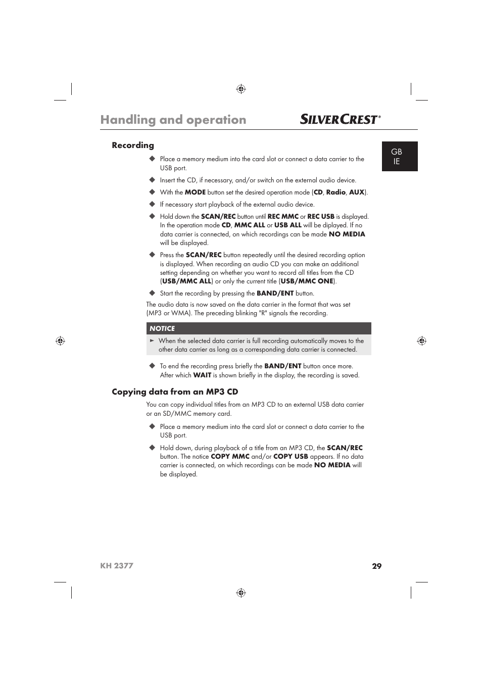 Handling and operation | Silvercrest KH 2377 User Manual | Page 31 / 42