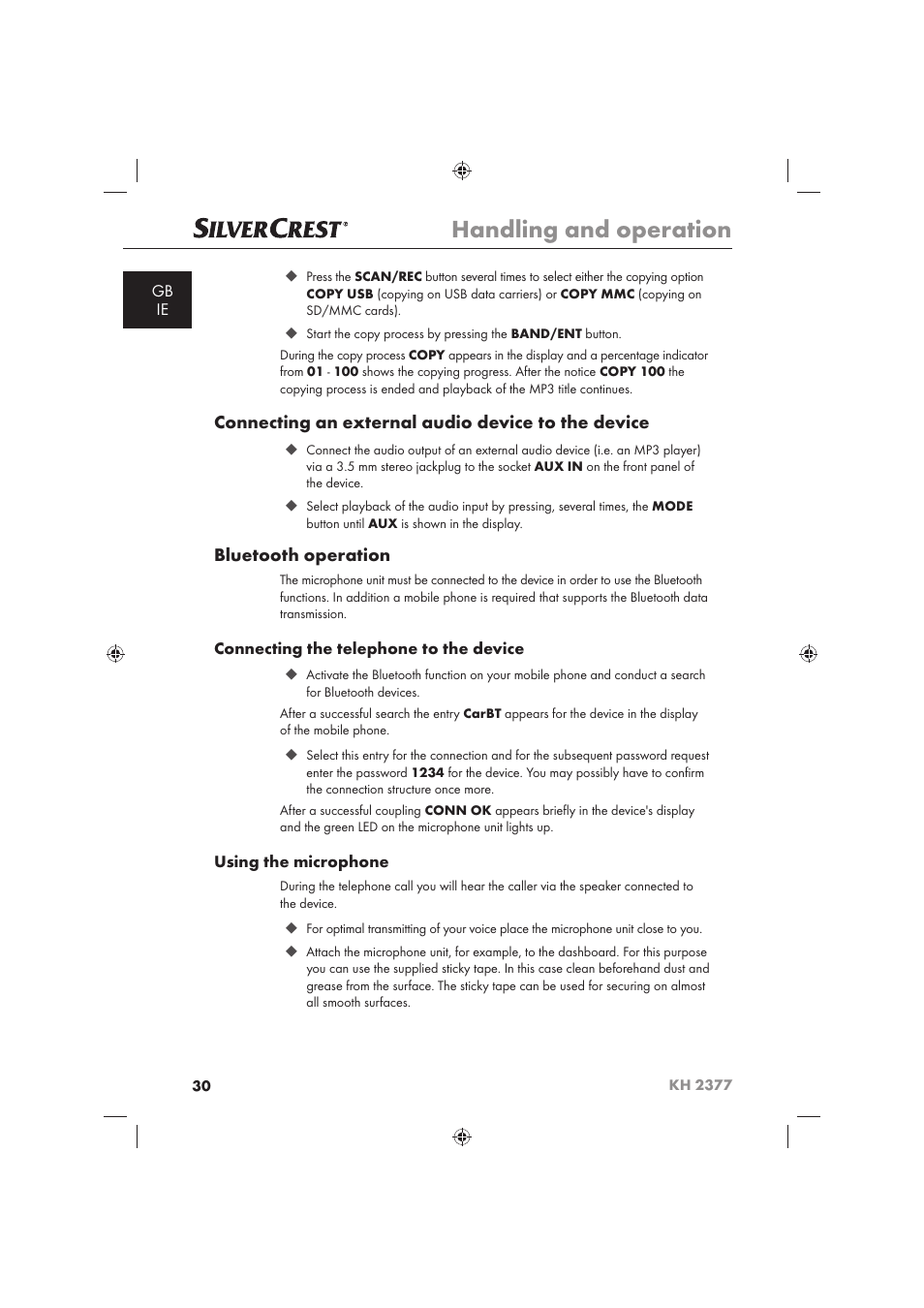 Handling and operation, Connecting an external audio device to the device, Bluetooth operation | Silvercrest KH 2377 User Manual | Page 32 / 42