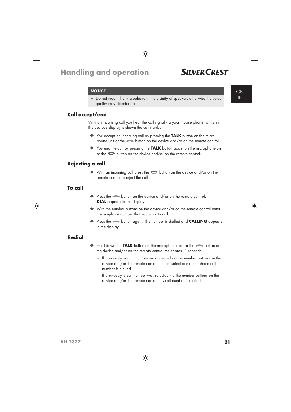 Handling and operation | Silvercrest KH 2377 User Manual | Page 33 / 42