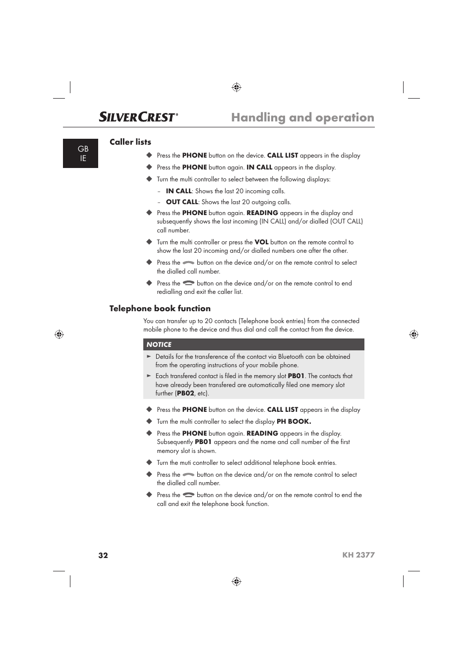 Handling and operation | Silvercrest KH 2377 User Manual | Page 34 / 42