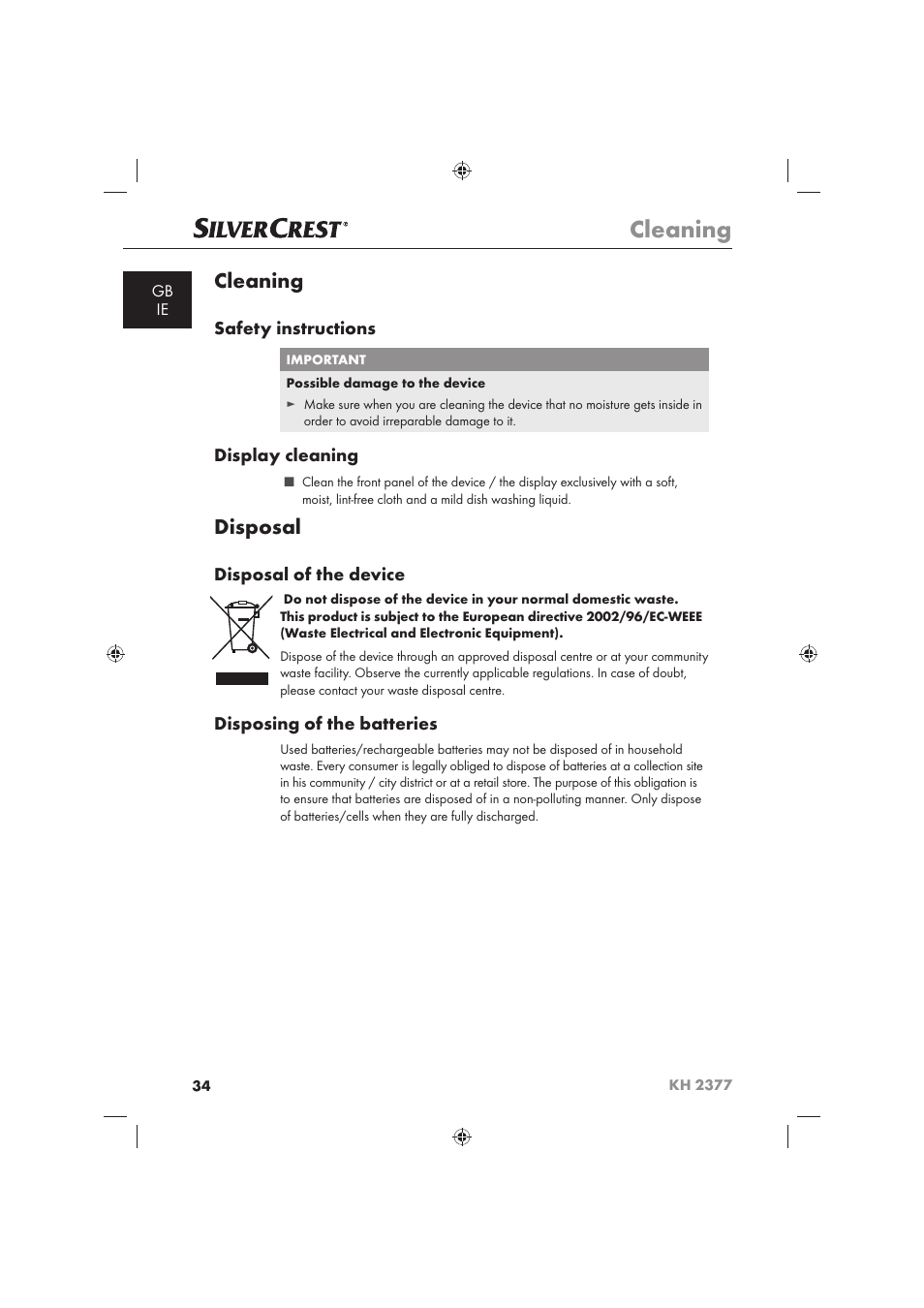 Cleaning, Disposal, Safety instructions | Display cleaning, Disposal of the device, Disposing of the batteries | Silvercrest KH 2377 User Manual | Page 36 / 42