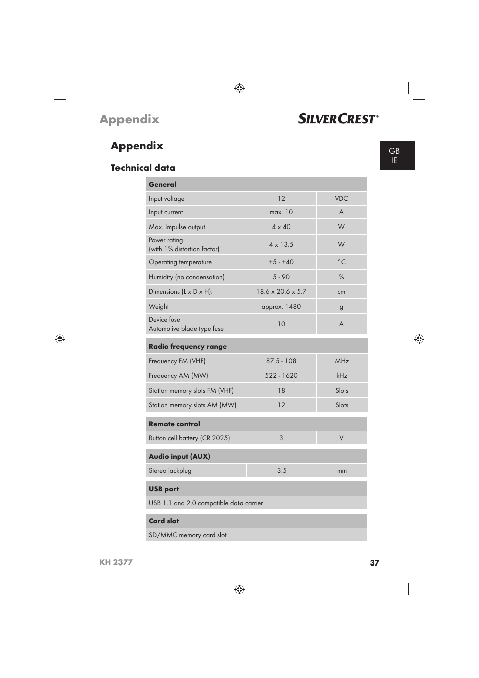 Appendix, Technical data | Silvercrest KH 2377 User Manual | Page 39 / 42