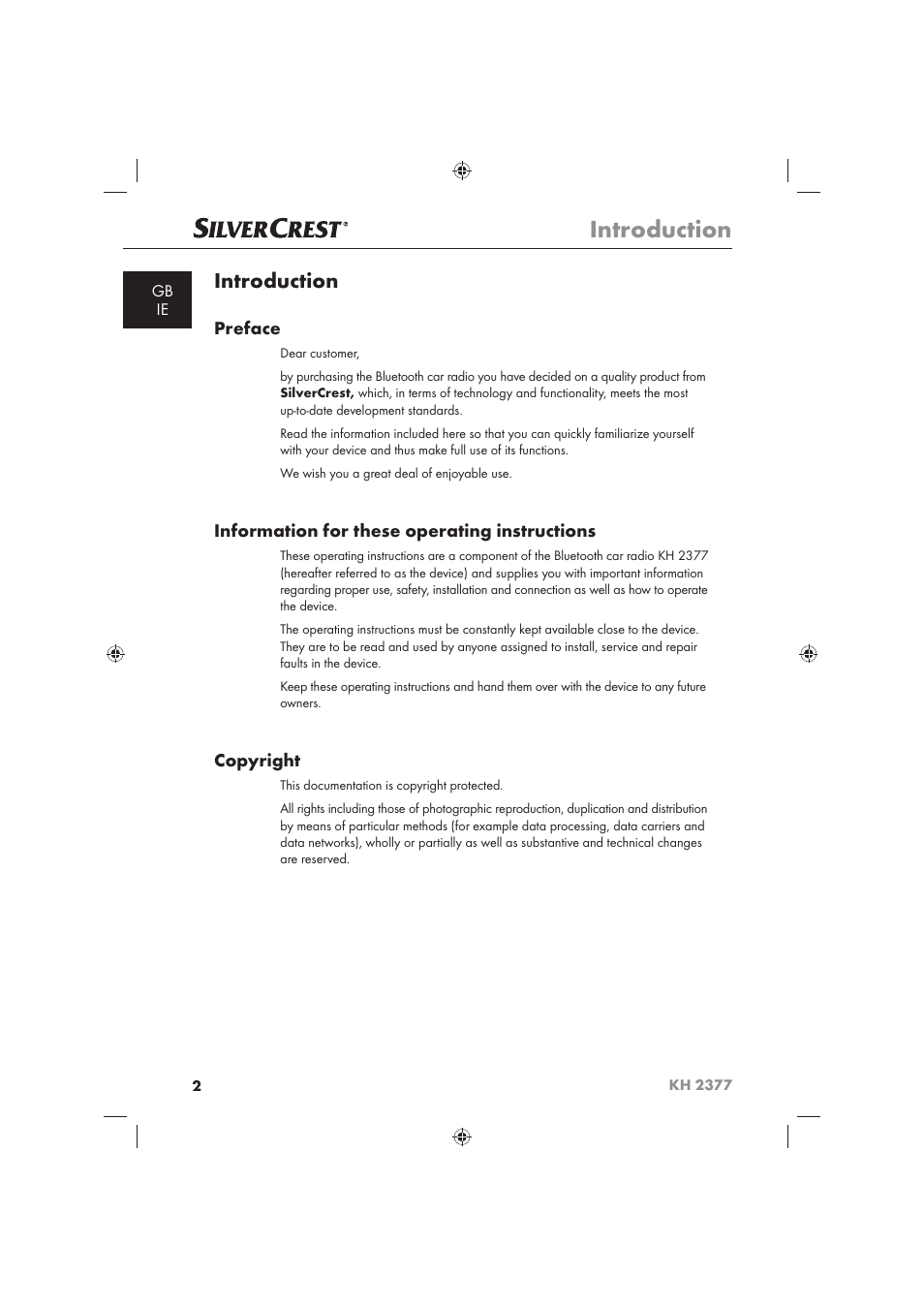 Introduction, Preface, Information for these operating instructions | Copyright | Silvercrest KH 2377 User Manual | Page 4 / 42