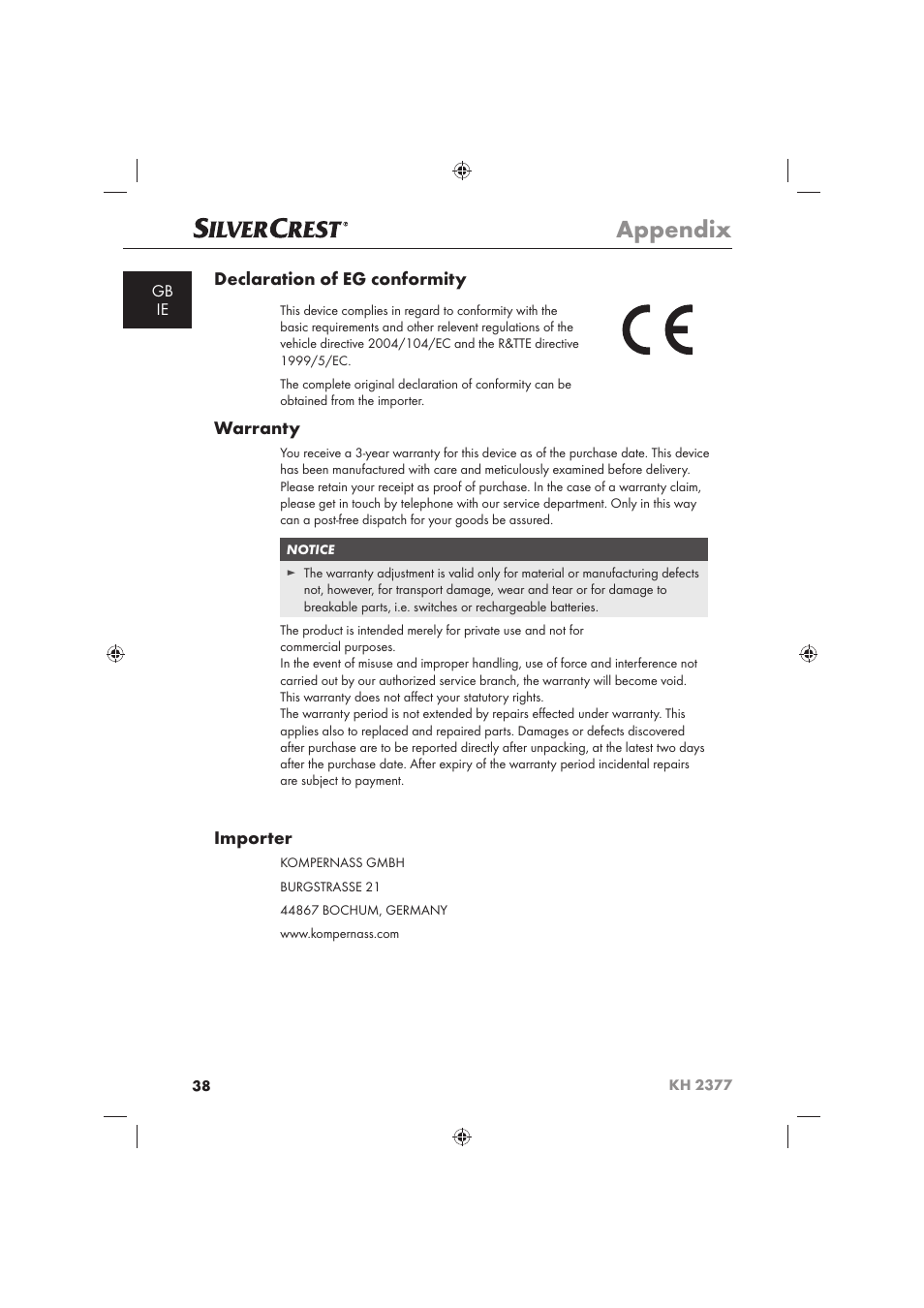 Appendix, Declaration of eg conformity, Warranty | Importer | Silvercrest KH 2377 User Manual | Page 40 / 42